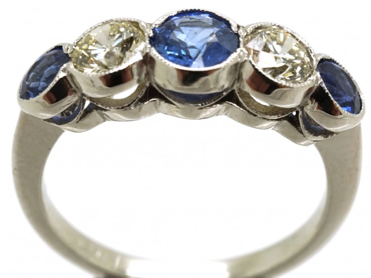 Art Deco 18ct White Gold, Ceylon Sapphire & Diamond Five Stone Ring