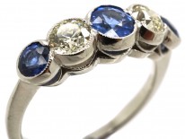 Art Deco 18ct White Gold, Ceylon Sapphire & Diamond Five Stone Ring
