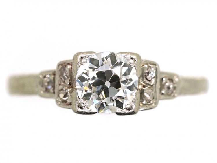 Art Deco platinum & Diamond Solitaire Ring With Diamond Set Shoulders