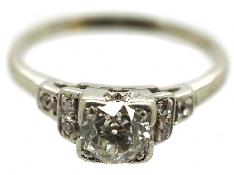 Art Deco platinum & Diamond Solitaire Ring With Diamond Set Shoulders