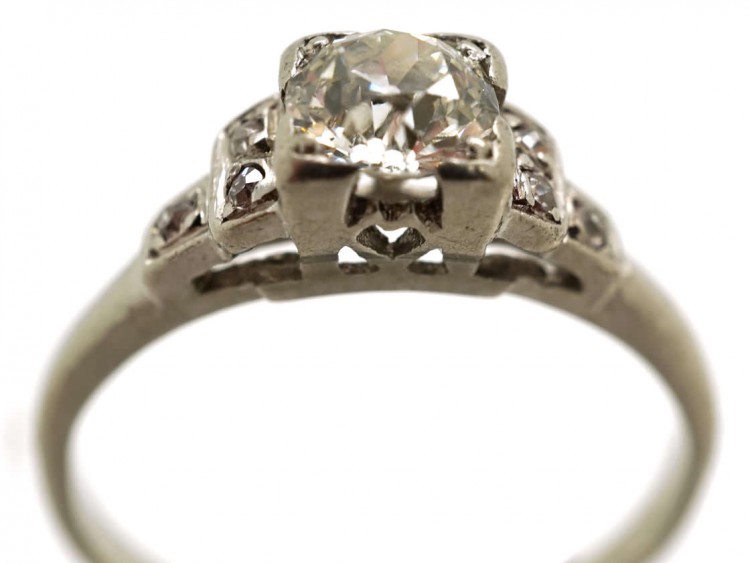 Art Deco platinum & Diamond Solitaire Ring With Diamond Set Shoulders