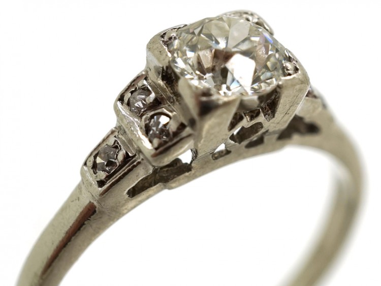 Art Deco platinum & Diamond Solitaire Ring With Diamond Set Shoulders