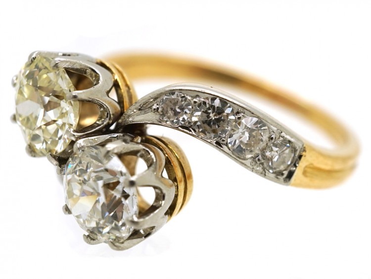 Edwardian 18ct Gold & Platinum, Two Stone Diamond Crossover Ring
