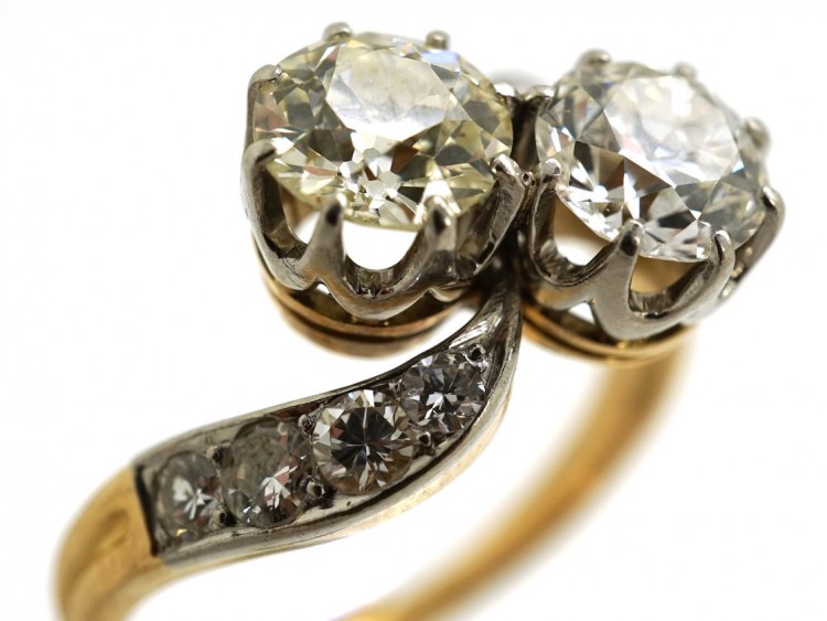 Edwardian 18ct Gold & Platinum, Two Stone Diamond Crossover Ring