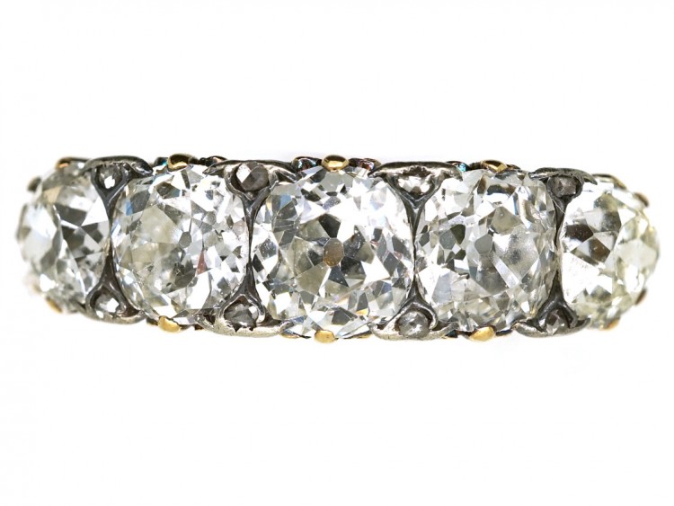 Victorian 18ct Gold Five Stone Diamond Carved Half Hoop Ring