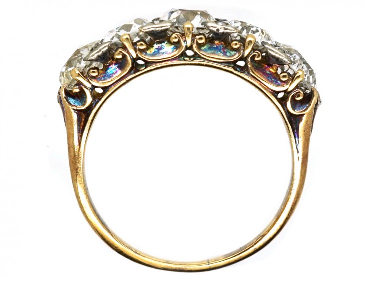 Victorian 18ct Gold Five Stone Diamond Carved Half Hoop Ring