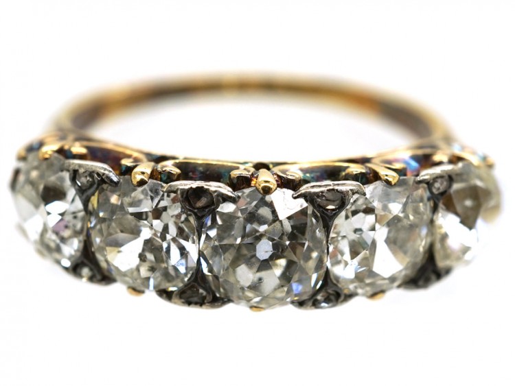 Victorian 18ct Gold Five Stone Diamond Carved Half Hoop Ring