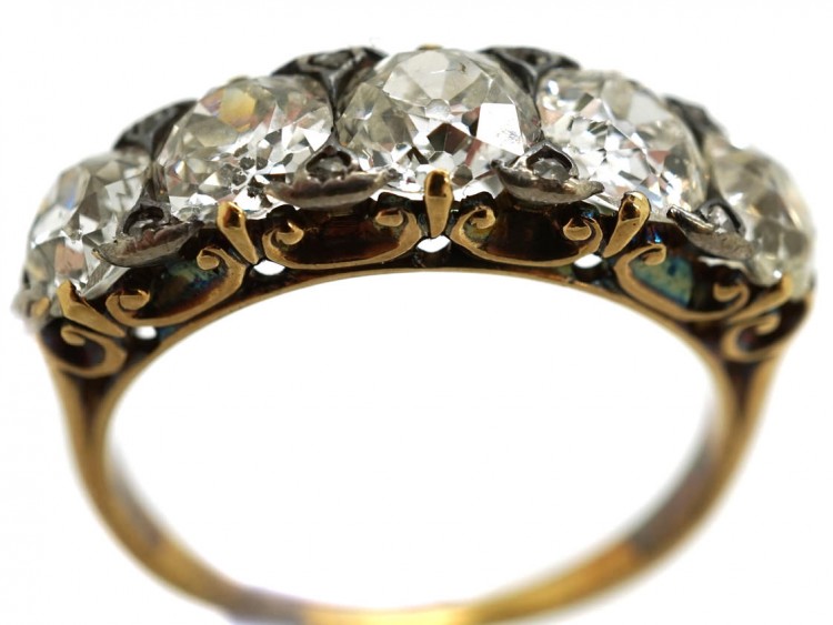 Victorian 18ct Gold Five Stone Diamond Carved Half Hoop Ring