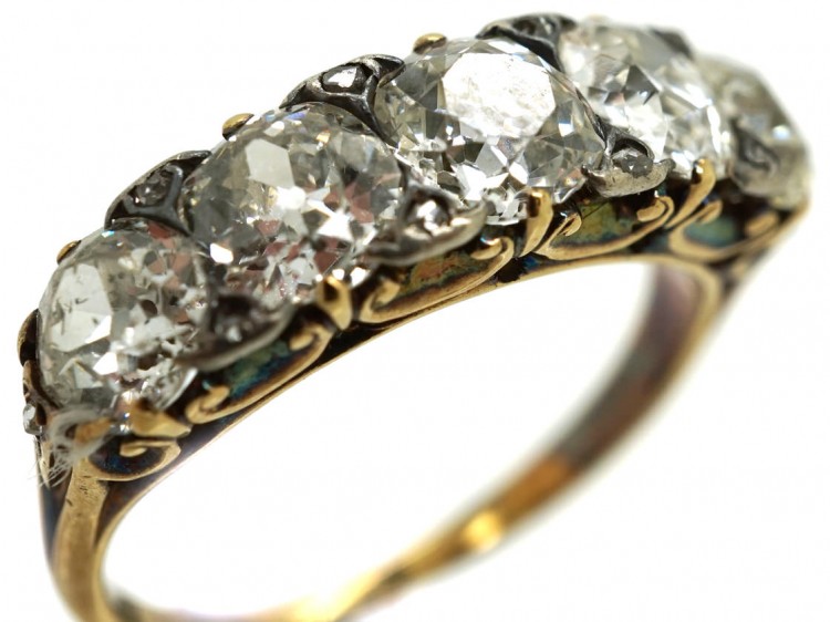 Victorian 18ct Gold Five Stone Diamond Carved Half Hoop Ring