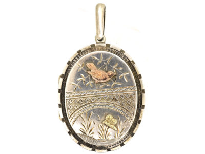 Victorian Silver & Gold Overlay Locket With A Bird & Butterfly
