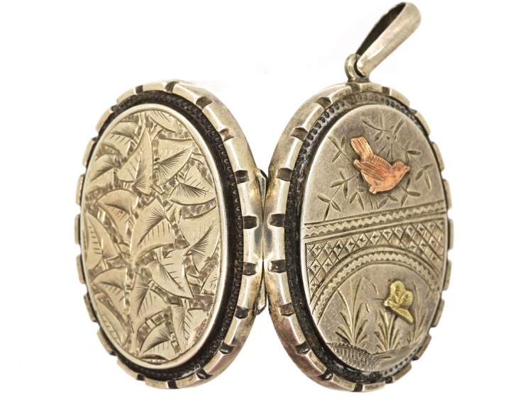 Victorian Silver & Gold Overlay Locket With A Bird & Butterfly