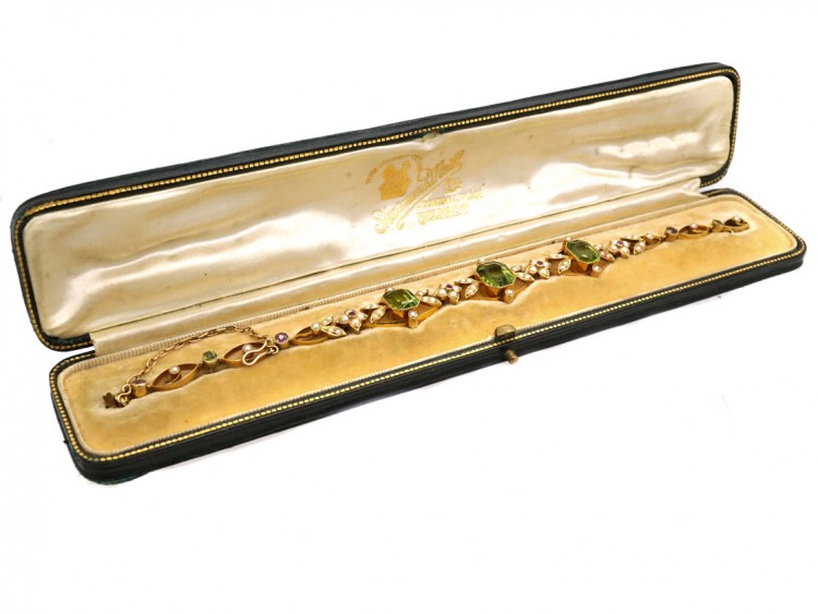 Edwardian 15ct Gold Suffragette Bracelet Set With Peridots, Pearls & Rubies in Original Case