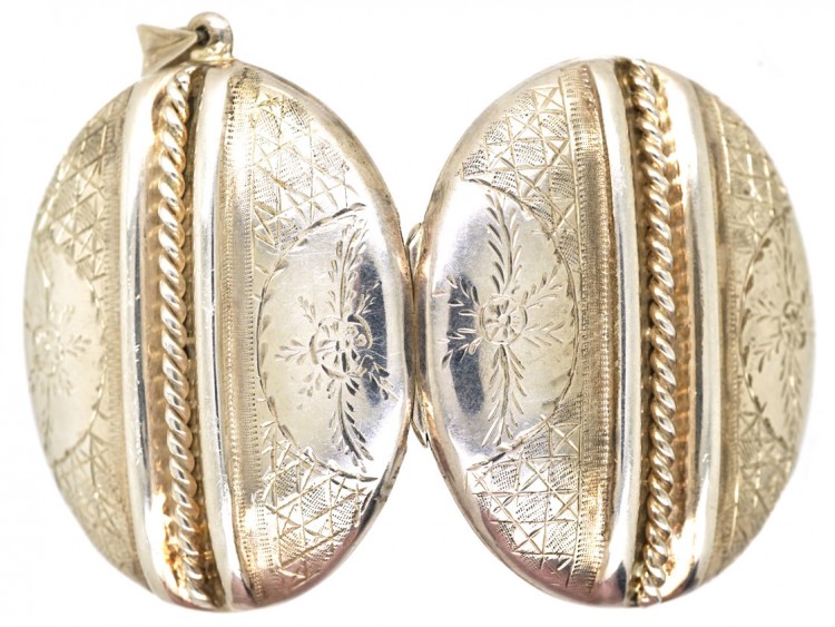 Silver Engraved & Striped Oval Locket