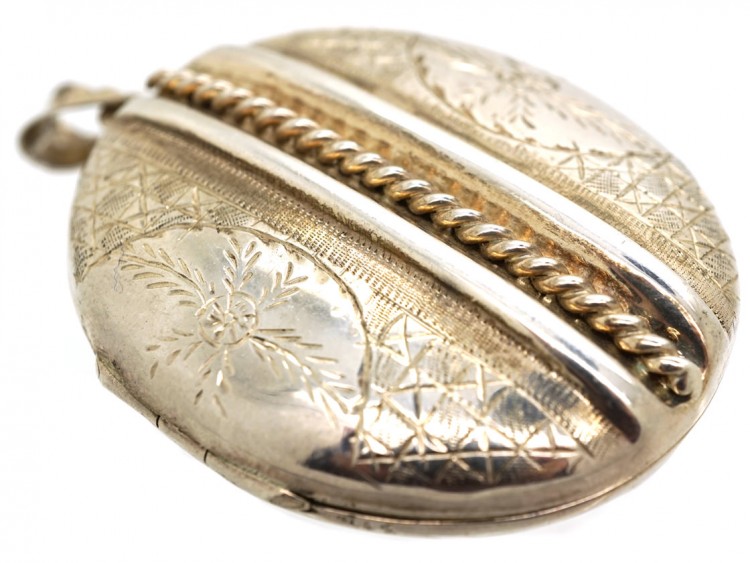 Silver Engraved & Striped Oval Locket