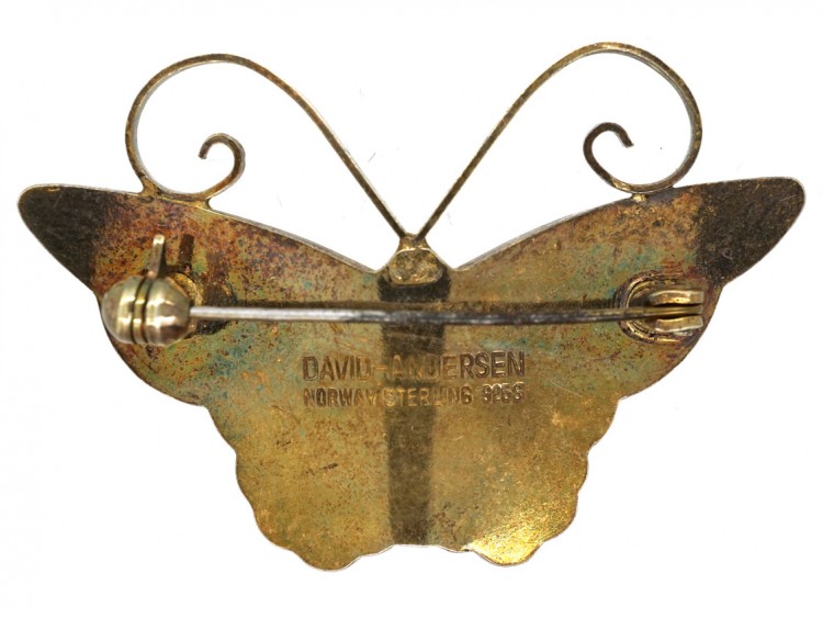 Silver Gilt & Black, Yellow & Orange Enamel Butterfly Brooch By David Andersen