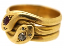 Victorian 18ct Gold, Ruby & Diamond Double Snake Ring