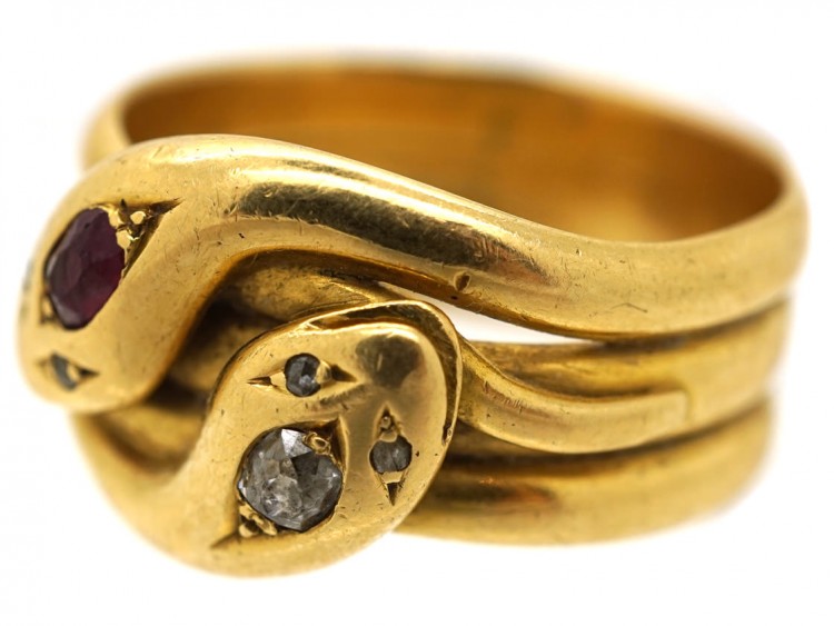 Victorian 18ct Gold, Ruby & Diamond Double Snake Ring