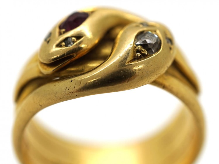 Victorian 18ct Gold, Ruby & Diamond Double Snake Ring