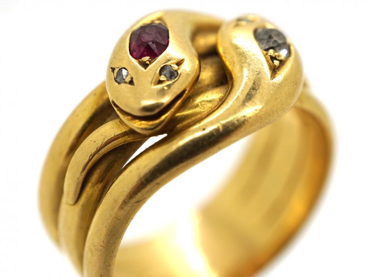 Victorian 18ct Gold, Ruby & Diamond Double Snake Ring