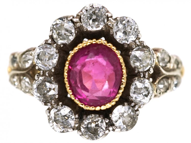 18ct Gold, Ruby & Diamond Cluster Ring with Diamond Shoulders