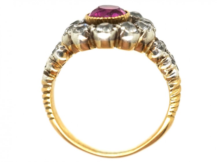 18ct Gold, Ruby & Diamond Cluster Ring with Diamond Shoulders