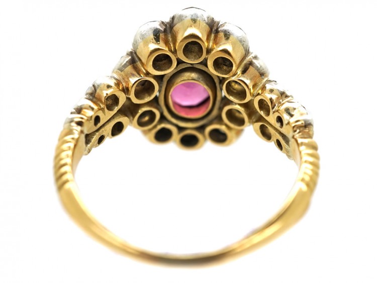 18ct Gold, Ruby & Diamond Cluster Ring with Diamond Shoulders