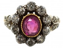 18ct Gold, Ruby & Diamond Cluster Ring with Diamond Shoulders