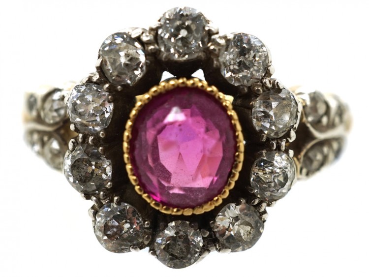 18ct Gold, Ruby & Diamond Cluster Ring with Diamond Shoulders