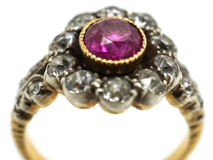 18ct Gold, Ruby & Diamond Cluster Ring with Diamond Shoulders