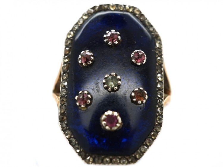 Georgian 9ct Gold & Silver, Blue Glass & Paste Firmament Ring