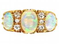 Edwardian 18ct Gold, Three Stone Opal & Diamond Carved Half Hoop Ring