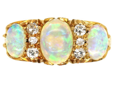 Edwardian 18ct Gold, Three Stone Opal & Diamond Carved Half Hoop Ring