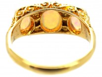 Edwardian 18ct Gold, Three Stone Opal & Diamond Carved Half Hoop Ring