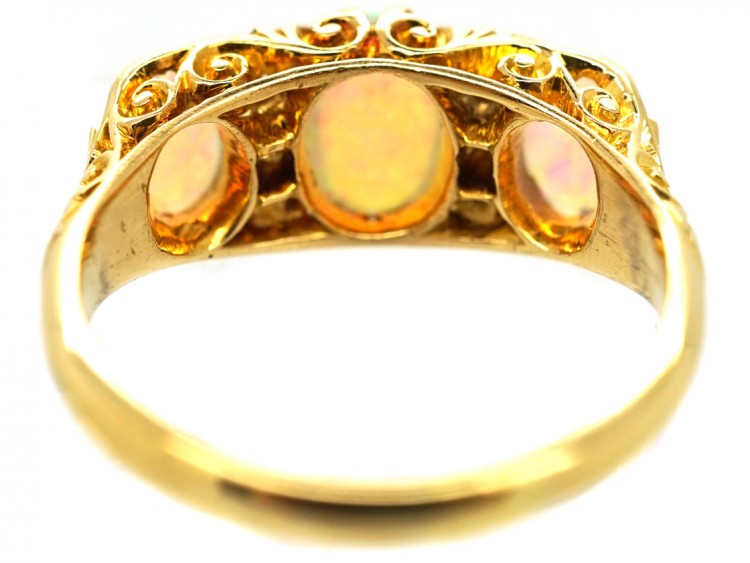 Edwardian 18ct Gold, Three Stone Opal & Diamond Carved Half Hoop Ring