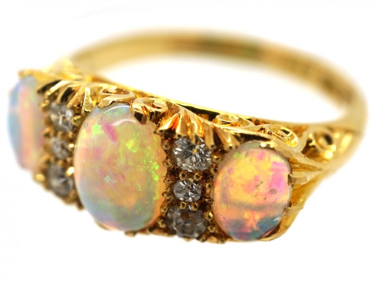 Edwardian 18ct Gold, Three Stone Opal & Diamond Carved Half Hoop Ring