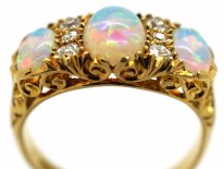 Edwardian 18ct Gold, Three Stone Opal & Diamond Carved Half Hoop Ring