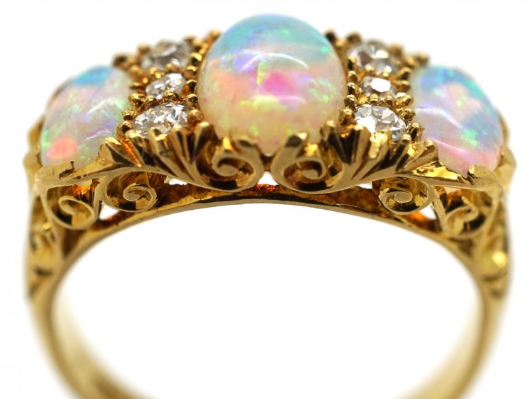 Edwardian 18ct Gold, Three Stone Opal & Diamond Carved Half Hoop Ring