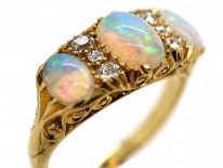 Edwardian 18ct Gold, Three Stone Opal & Diamond Carved Half Hoop Ring