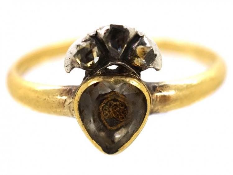 18ct Gold Stuart Heart & Crown Rock Crystal Ring
