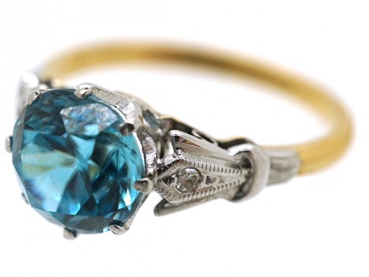 Art Deco 18ct Gold, Platinum, Zircon & Diamond Ring