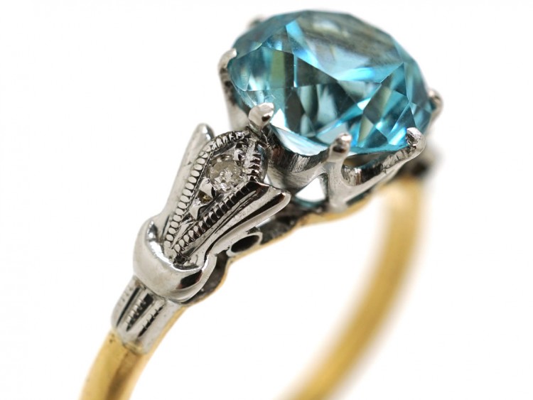 Art Deco 18ct Gold, Platinum, Zircon & Diamond Ring