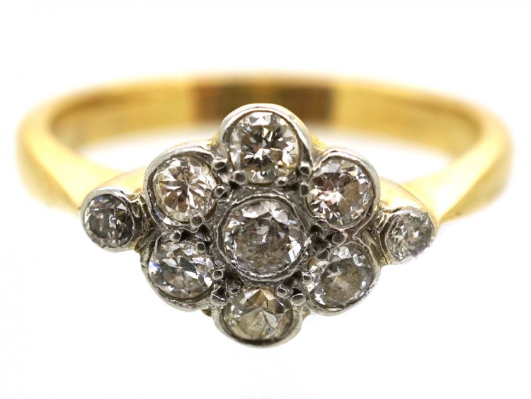 Edwardian 18ct Gold & Platinum, Diamond Cluster Ring With Diamond Shoulders