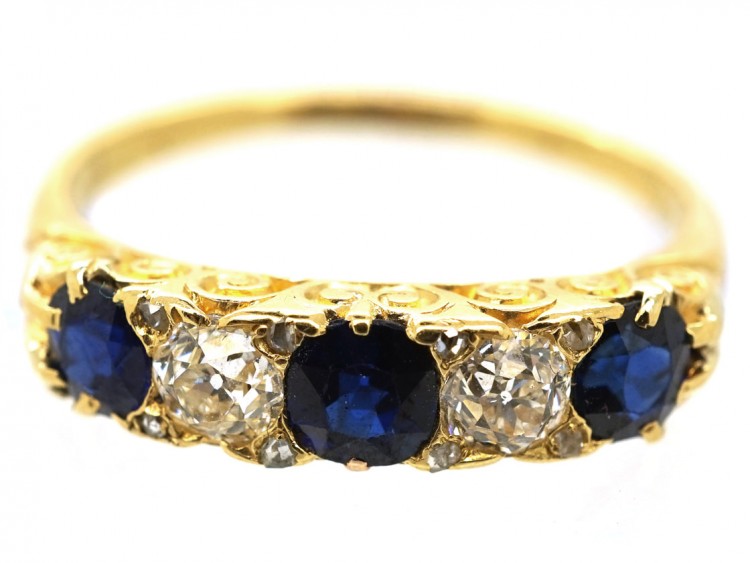 Victorian 18ct Gold, Diamond & Sapphire Carved Half Hoop Ring