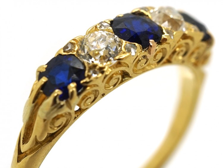 Victorian 18ct Gold, Diamond & Sapphire Carved Half Hoop Ring