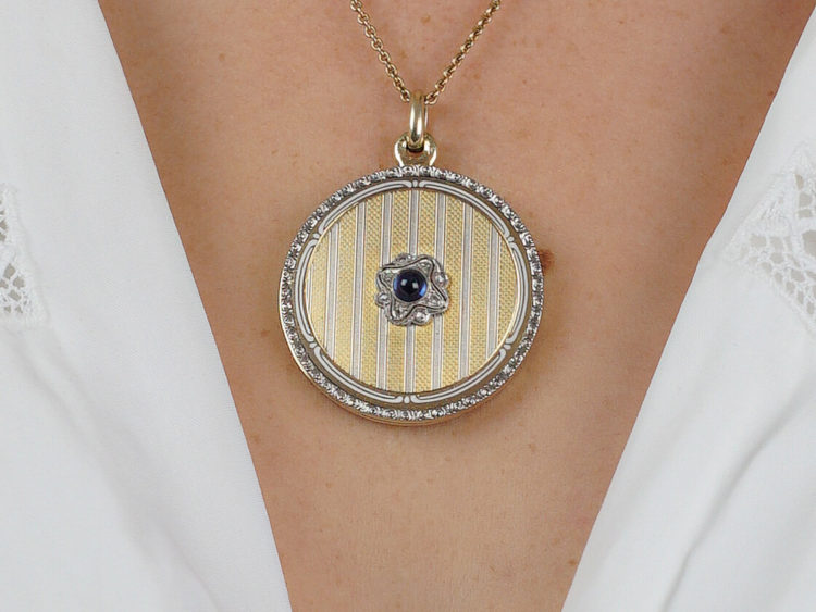 Austrian Art Deco Two Colour Gold Round Locket Set With Sapphire & Diamonds