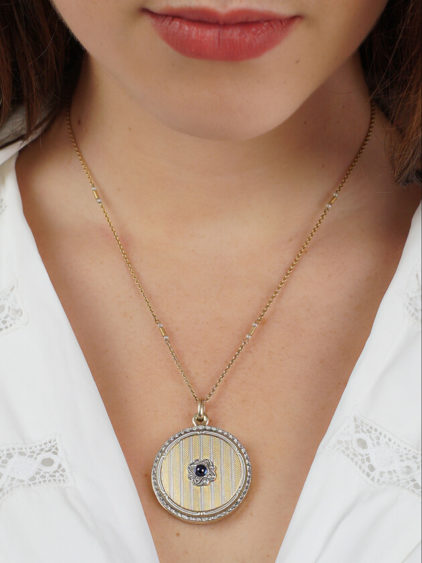 Austrian Art Deco Two Colour Gold Round Locket Set With Sapphire & Diamonds