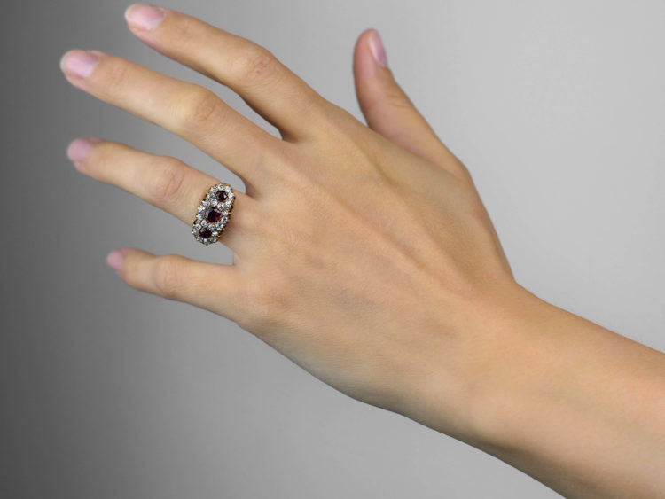 Edwardian 18ct Gold, Ruby & Diamond Triple Cluster Ring