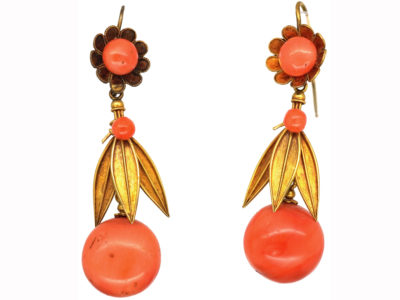 Victorian 18ct Gold & Coral Drop Earrings