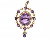 Edwardian 9ct Gold, Amethyst & Natural Split Pearl Brooch, Pendant