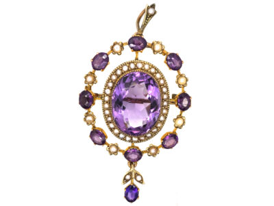 Edwardian 9ct Gold, Amethyst & Natural Split Pearl Brooch, Pendant
